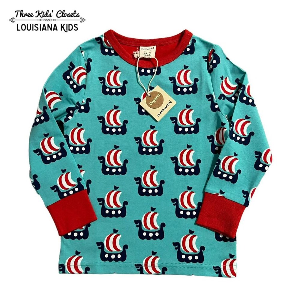 NEW Maxomorra Sz 98/104 (3-4Y) Organic Viking Ship Shirt Tee